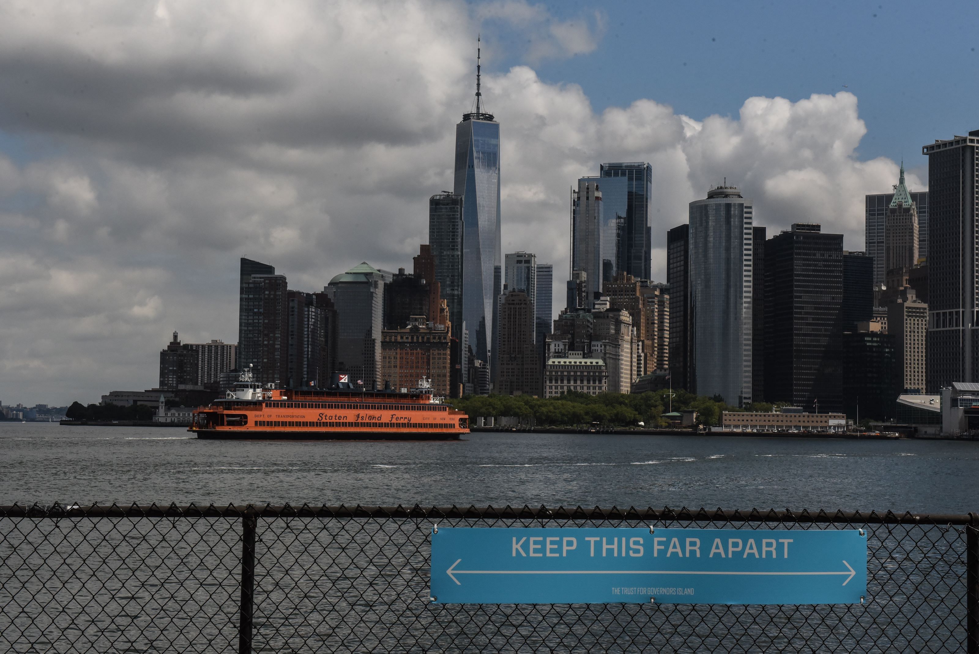 Lower Manhattan is seen from Governors Island on July 15, 2020 in New York City. Governors Island reopens to visitors on Wednesday with limited capacity due to continued concerns about the coronavirus. Credit: Getty Images/AFP