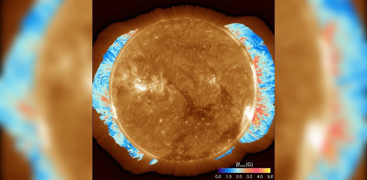 Global map of the coronal magnetic field strength over plotted on an image of the Sun.