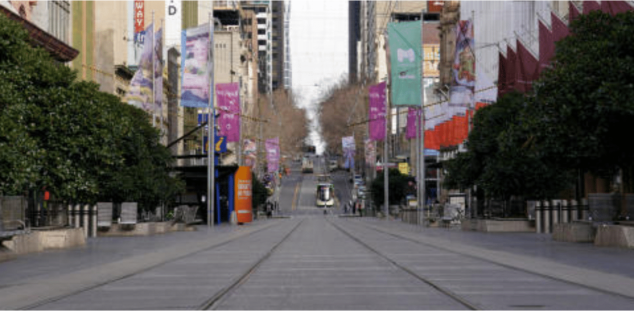 Bourke Street mall, a normally busy shopping hub in Melbourne, is seen devoid of people after the city reimposed restrictions as part of efforts to curb a resurgence of the coronavirus disease. Credit: Reuters Photo
