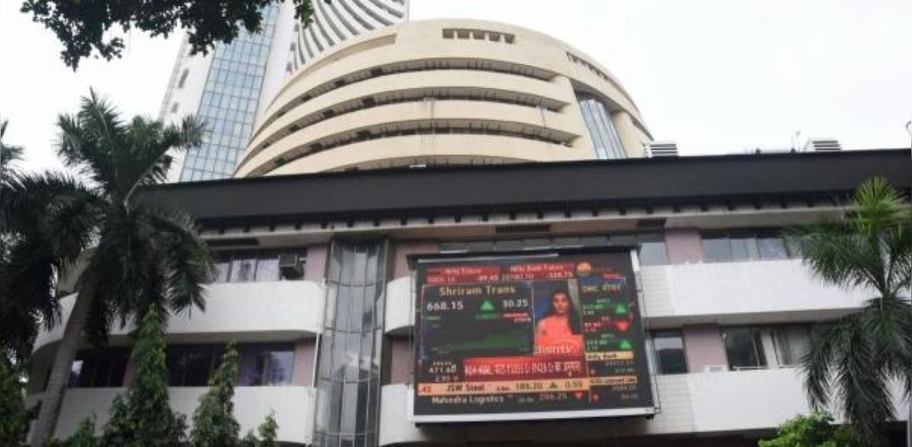 Stock prices displayed on a digital screen at the facade of the Bombay Stock Exchange (BSE) building, in Mumbai. Credit: PTI Photo