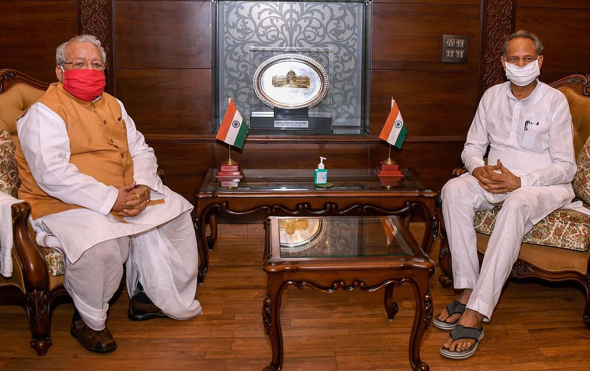 Jaipur: Rajasthan Chief Minister Ashok Gehlot with State Governor Kalraj Mishra during a meeting at Governor house, in Jaipur, Tuesday, July 14, 2020. (PTI Photo)(PTI14-07-2020_000152A)