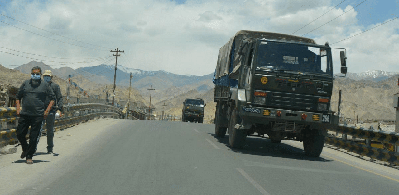 A convoy of Indian army trucks move towards the Line of Actual Control (LAC) in eastern Ladakh, in the backdrop of the current stand-off with Chinese troops, in Leh. Credit: PTI