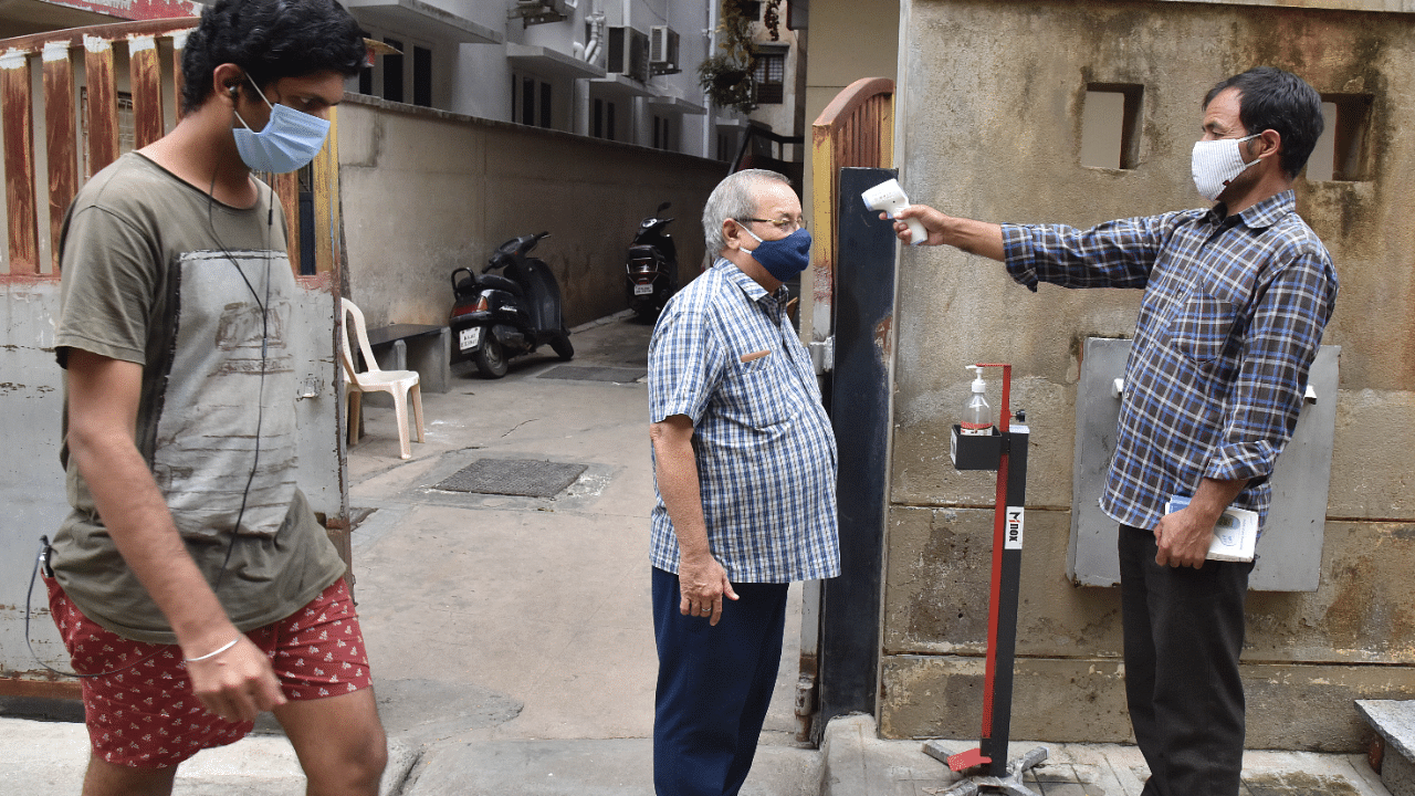 Safety measurements at Apartment at Sesadripura in Bengaluru. Credits: DH Photo