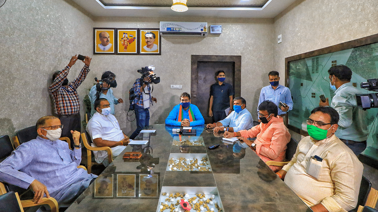 Rajasthan BJP President Satish Poonia with senior party leaders during a meeting. Credits: PTI Photo