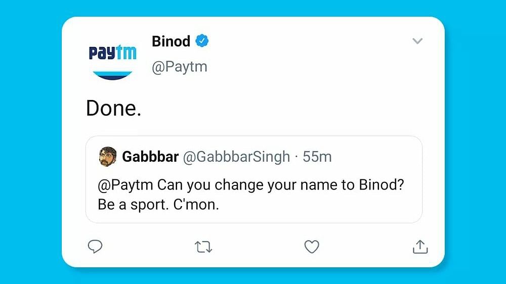 On August 7, one of India’s largest online payment platform, Paytm, changed the name of its Twitter account to ‘Binod’. Credit: Twitter image/@Paytm