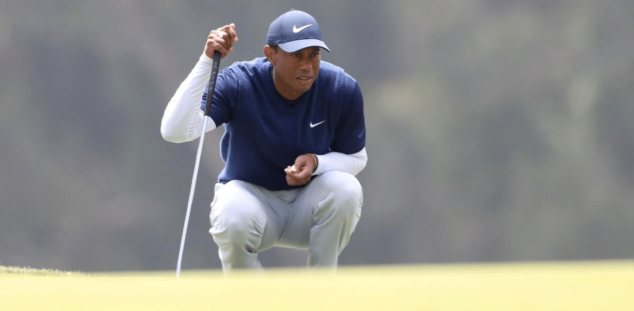 Tiger Woods of the United States lines up a putt on the 16th hole during the third round of the 2020 PGA Championship at TPC Harding Park on August 08, 2020 in San Francisco, California. Credit: AFP
