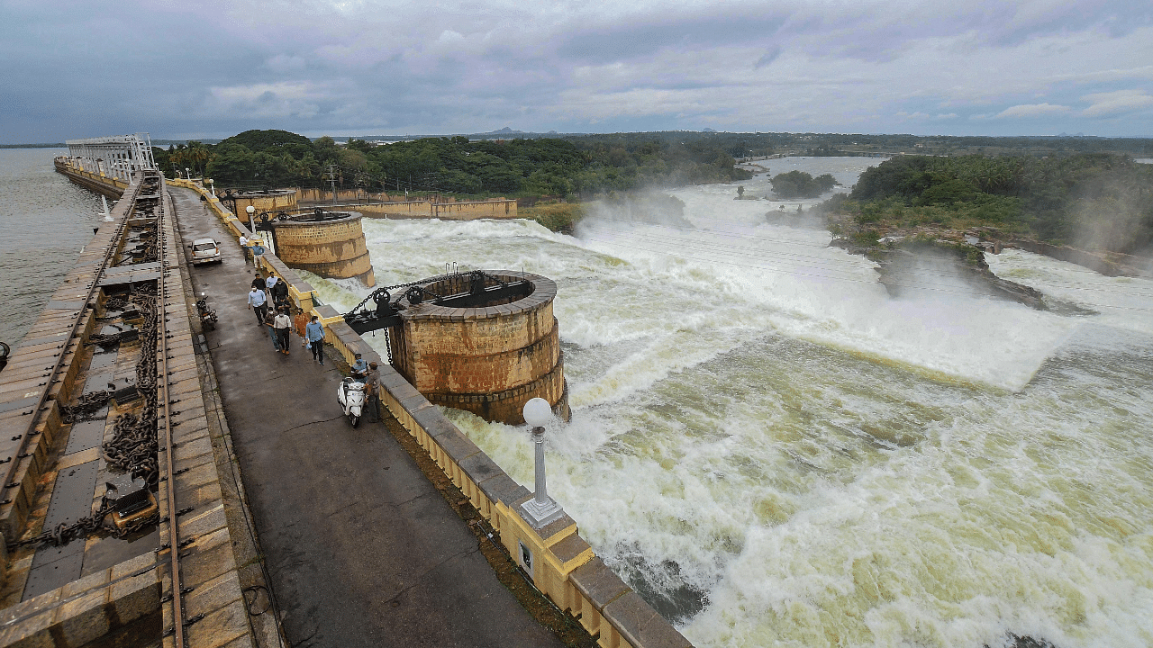 Water level of KrishnaRajaSagara Dam is increased due to incessant rainfall, in Malnad region. Credits: PTI Photo