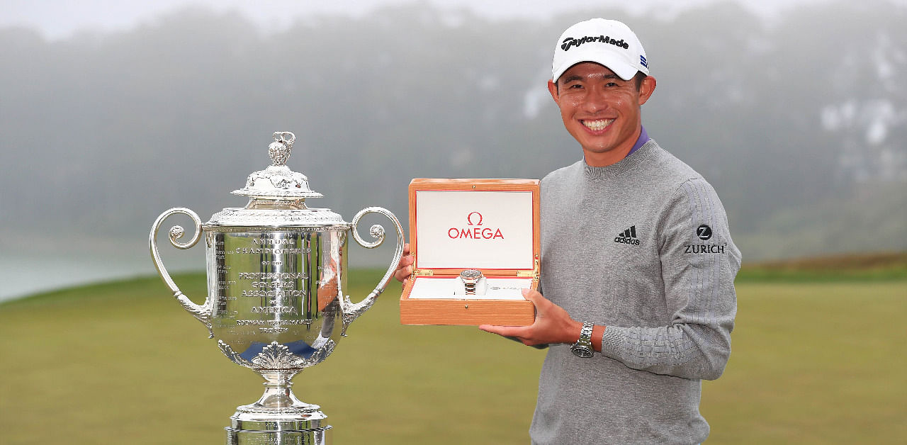 Collin Morikawa of the United States celebrates with the Wanamaker Trophy and the champion's watch after winning the 2020 PGA Championship at TPC Harding Park. Credit: AFP Photo