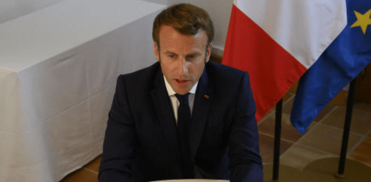 French President Emmanuel Macron speaks during a donor teleconference with other world leaders concerning the situation in Lebanon following the Beirut blast. Credit: Reuters Photo