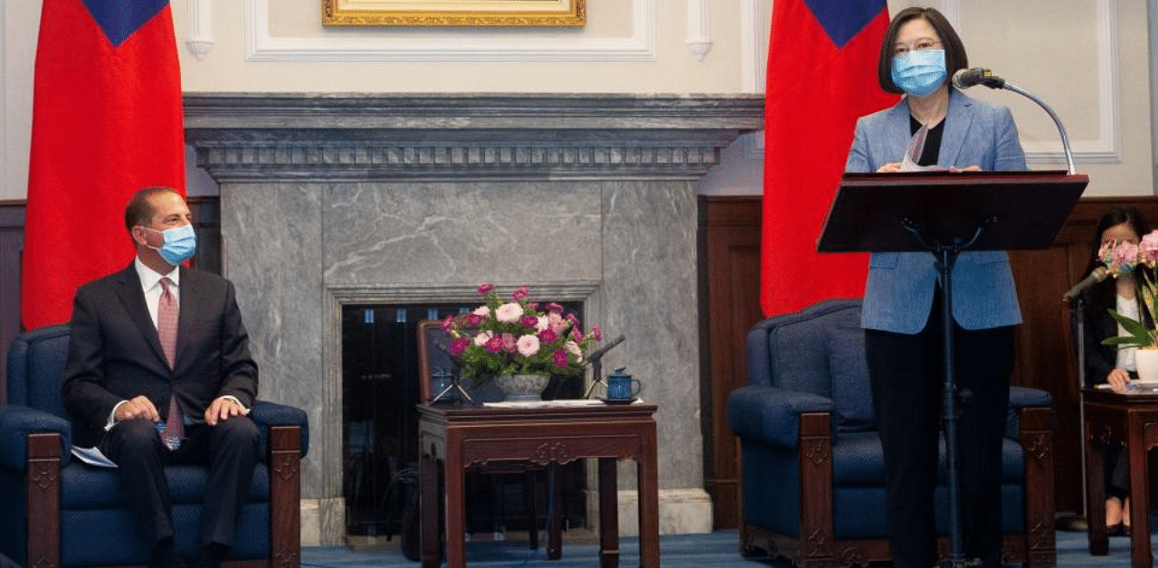 Taiwan President Tsai Ing-wen wearing a face mask speaks during a meeting with US Secretary of Health and Human Services Alex Azar at the presidential office, in Taipei, Taiwan. Credit: Reuters Photo