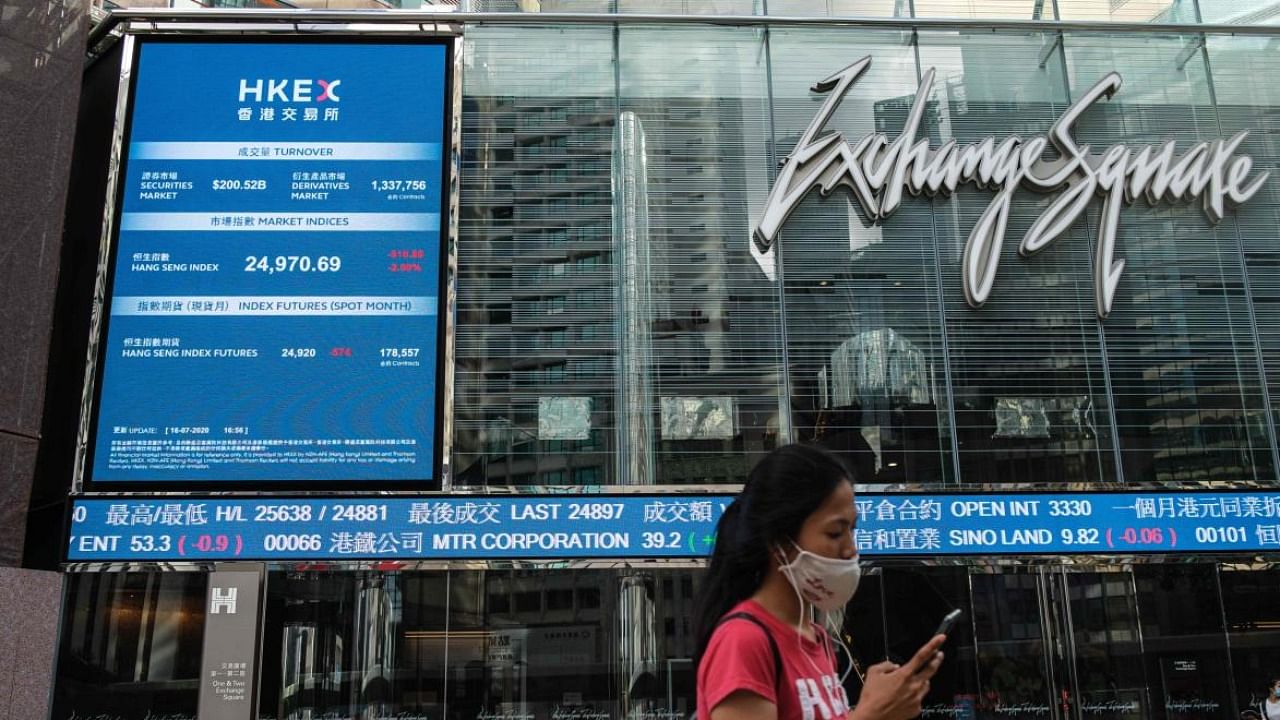 A woman wearing a face mask walks past a stocks display board outside Exchange Square in Hong Kong. Credit: AFP/file