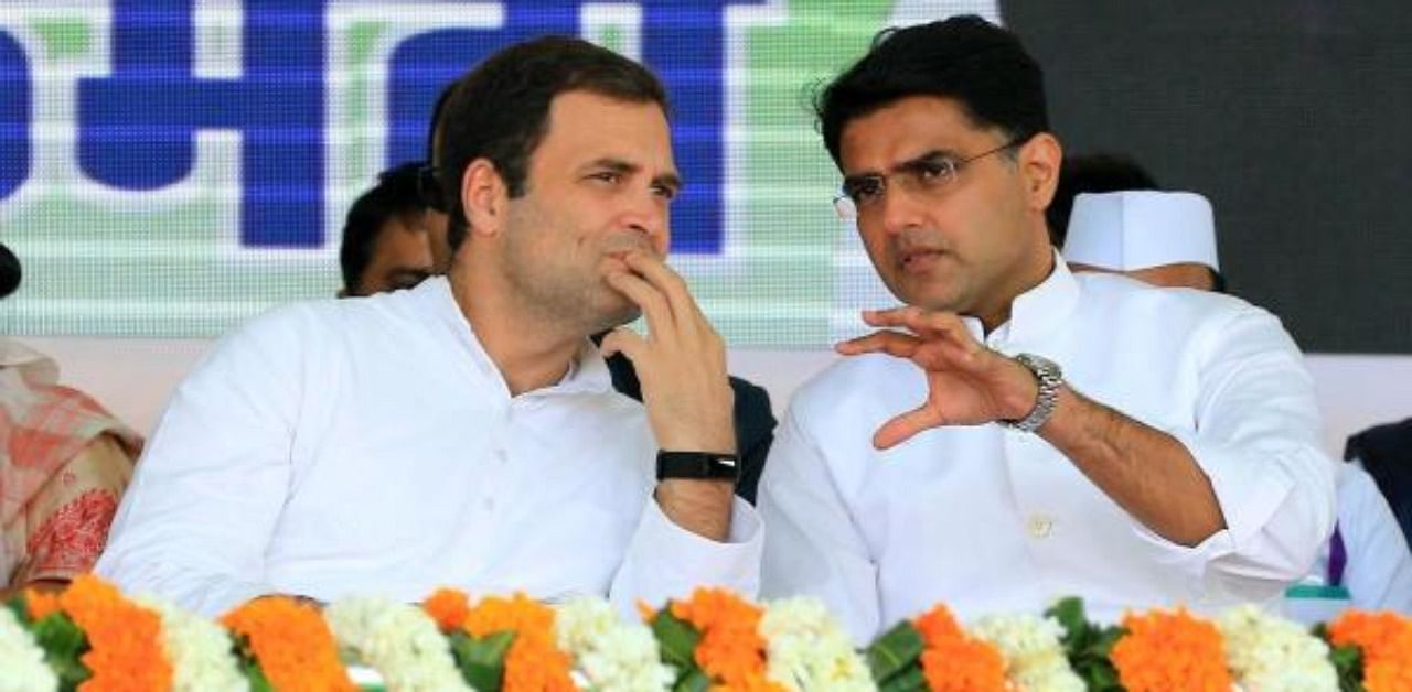 Rebel Congress leader Sachin Pilot (R) is seen with the then Congress President Rahul Gandhi during a rally in Jaipur in January, 2019. Credit: PTI