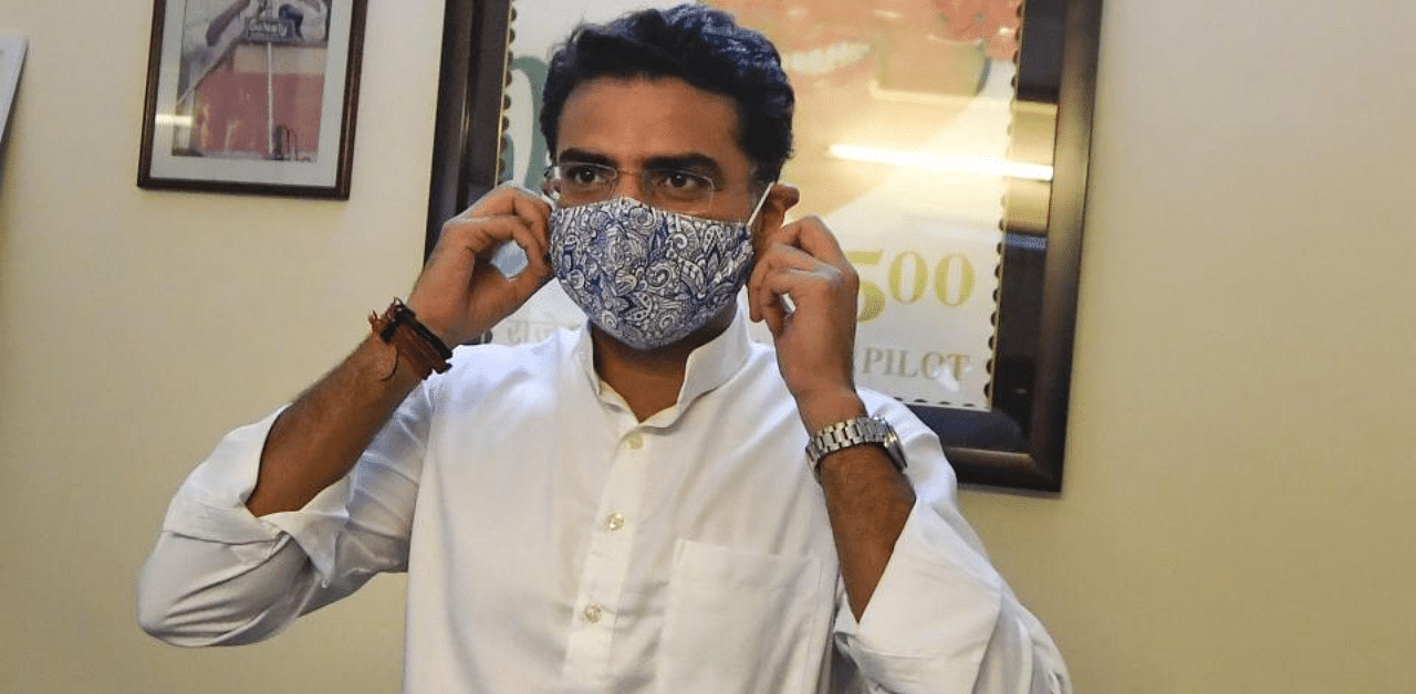 Congress leader Sachin Pilot wears a face-mask while interacting with the media at his residence in New Delhi, Tuesday, Aug. 11, 2020. Credit: PTI Photo