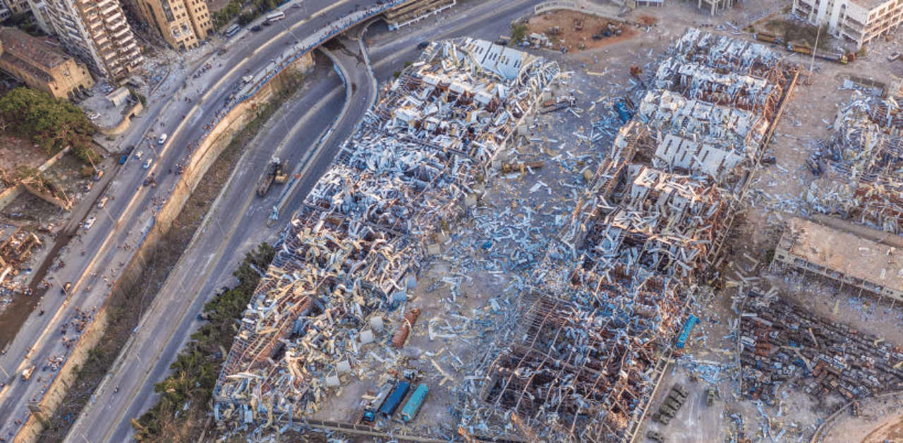 An aerial view of ruined structures at the port, damaged by an explosion a day earlier, on August 5, 2020 in Beirut, Lebanon. Credit: Getty Images