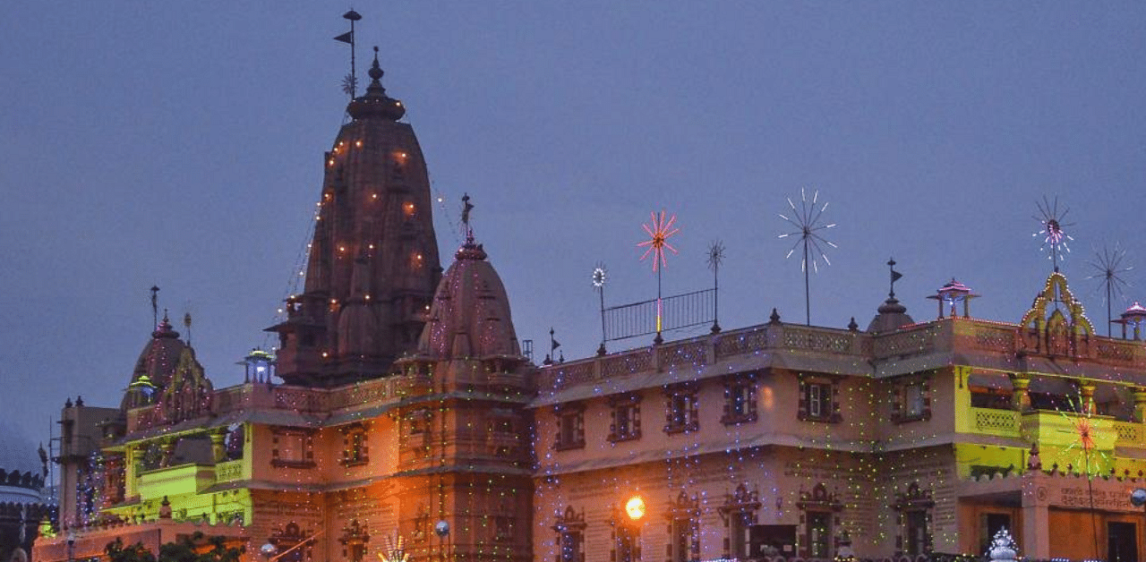 An illuminated Sri Krishna Janamsthan temple ahead of Sri Krishna Janamshtami festival in Mathura. Credit: PTI