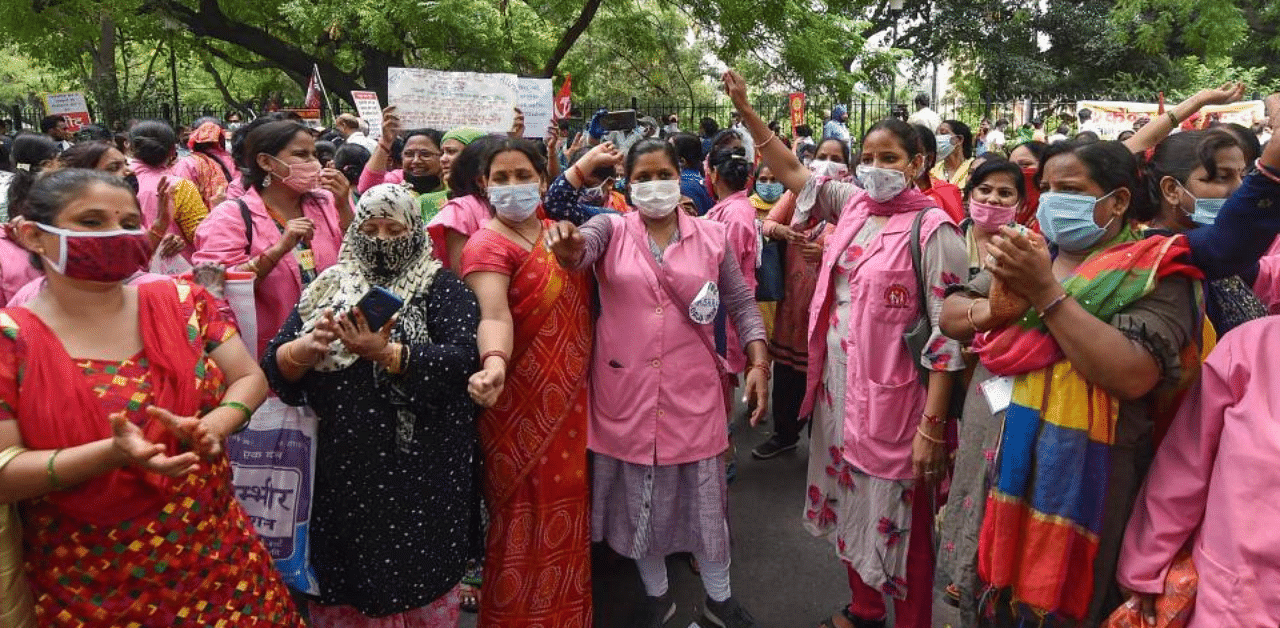 ASHA workers stage a protest over their various demands, during Unlock 3.0, at Jantar Mantar . Credit: PTI