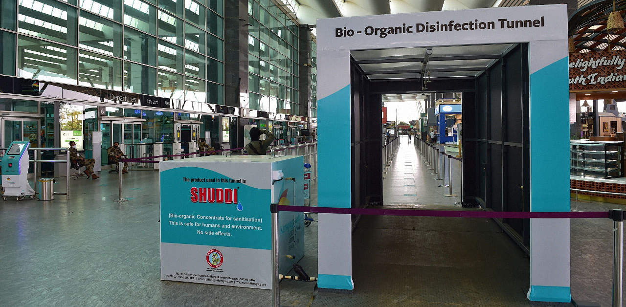 Disinfection tunnel in Bengaluru's Kempegowda International Airport. Credit: PTI Photo