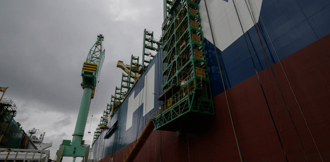 The finishing touches are being put to the HMM St Petersburg at the Samsung Heavy Industries shipyard on the island of Geoje, at the southern tip of South Korea. Credit: AFP Photo