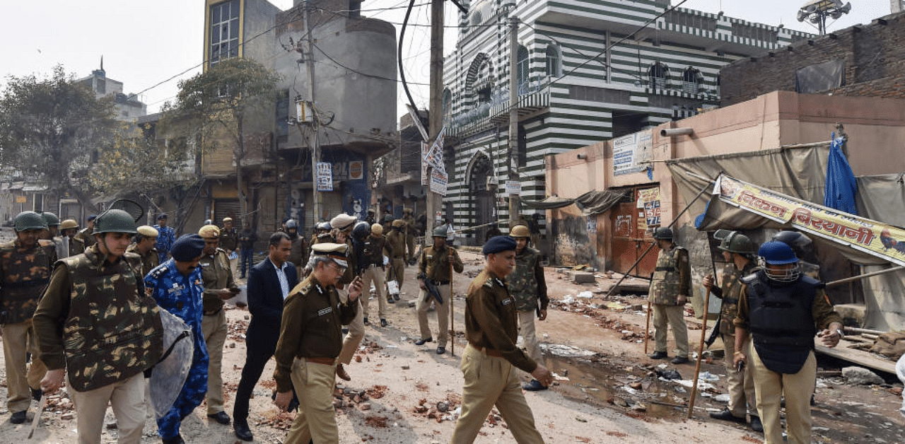 Delhi Police in the riot-affected north east Delhi. Credit: PTI
