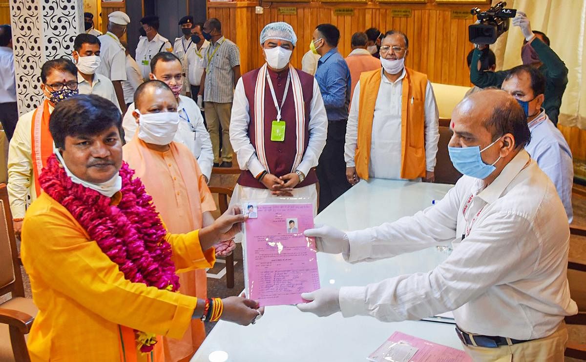 BJP candidate Jai Prakash Nishad files his nomination for Rajya Sabha by-election, in Lucknow. Credit: PTI