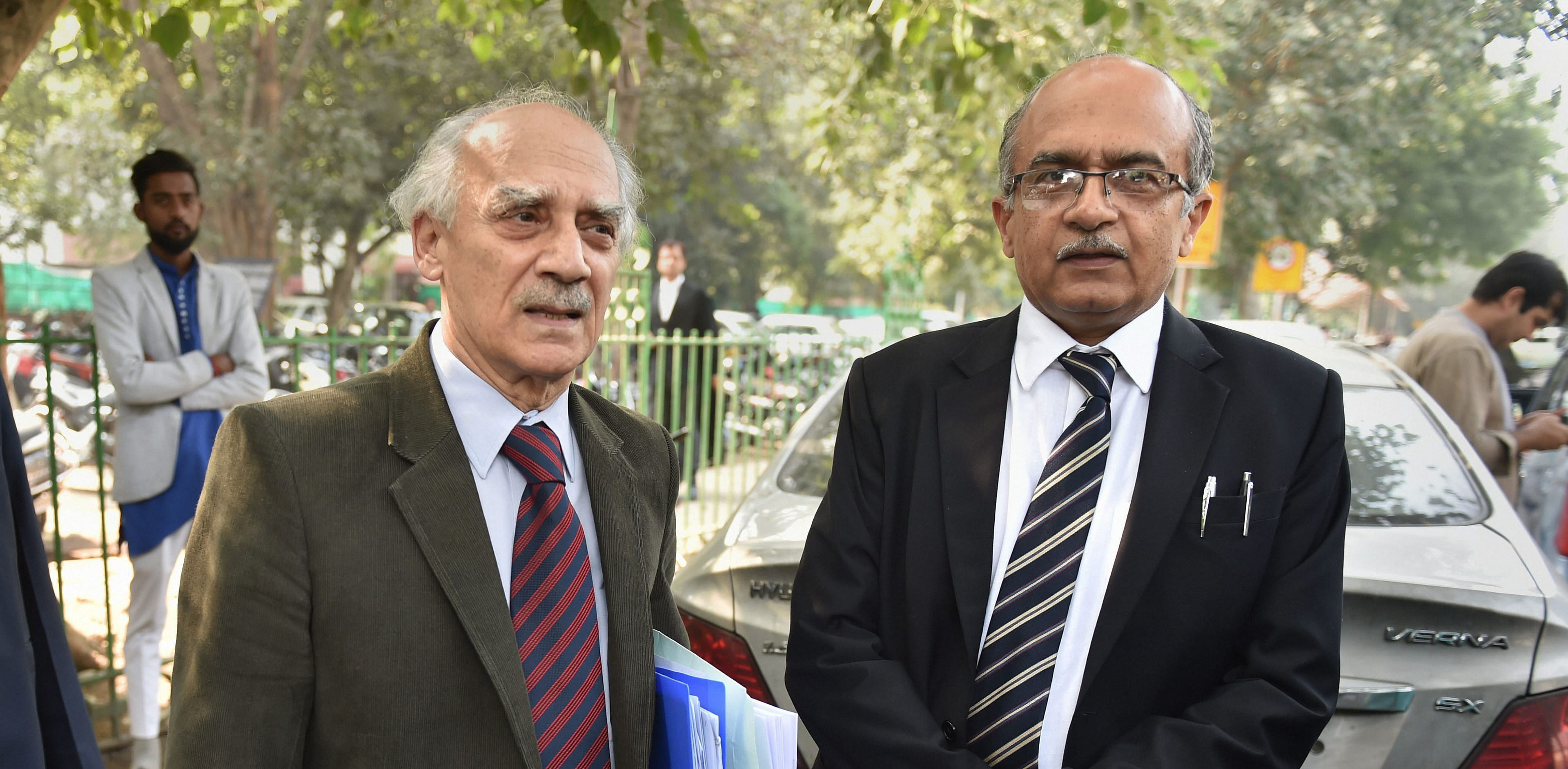 Senior lawyer Prashant Bhushan with former union minister Arun Shourie at the Supreme Court. Credit: PTI File Photo