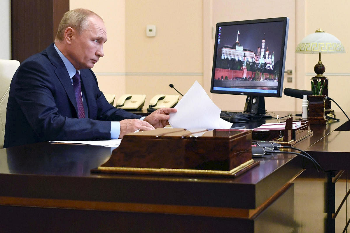 Moscow: Russian President Vladimir Putin attends a meeting via video conference at the Novo-Ogaryovo residence outside Moscow, Russia, Wednesday, Aug. 12, 2020.AP/PTI(AP12-08-2020_000162B)