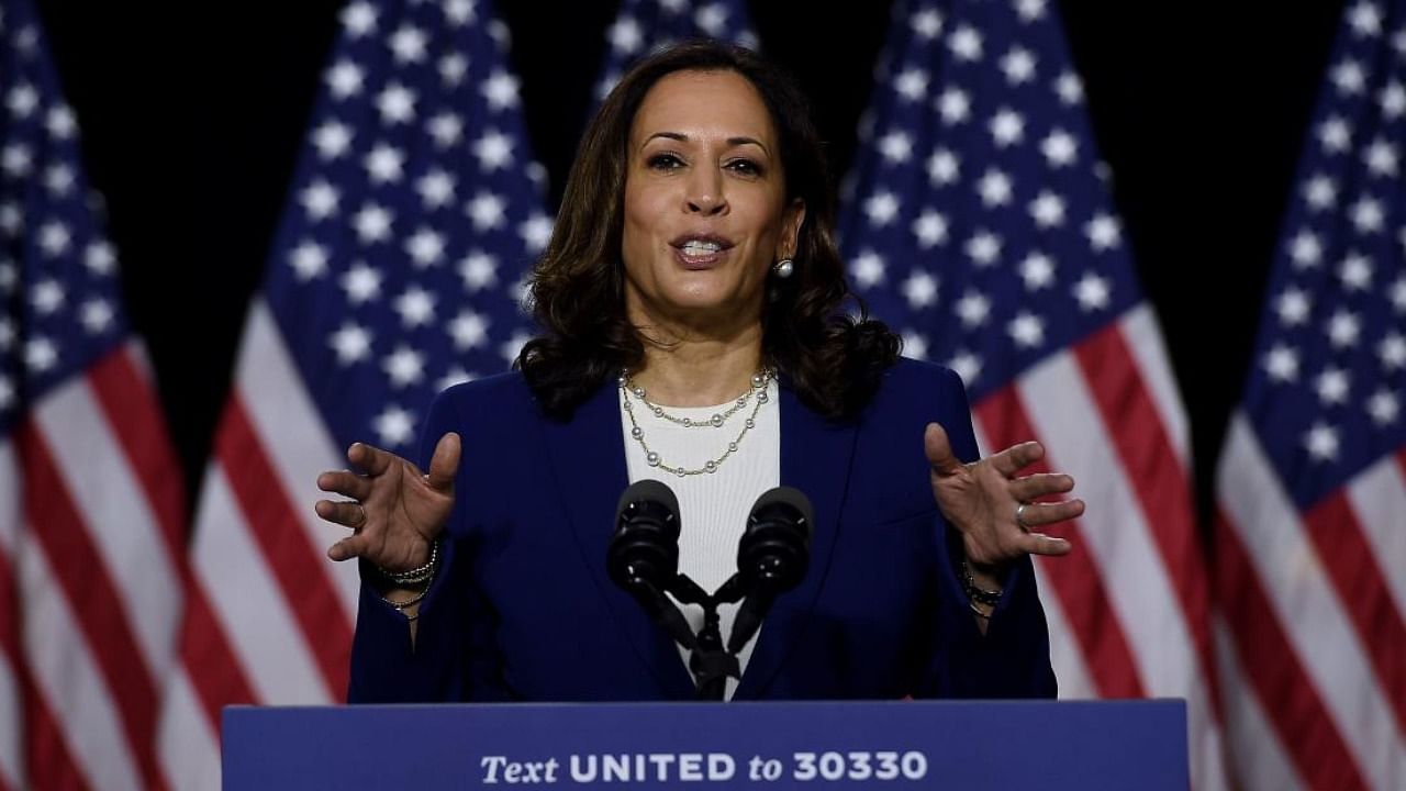 Democratic vice presidential running mate, US Senator Kamala Harris, speaks during the first press conference with Joe Biden in Wilmington, Delaware. Credit: AFP