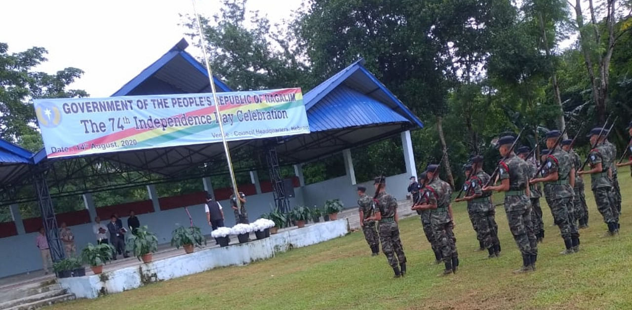 NSCN (IM) members hoisting 'Naga National Flag' at camp Hebron in Nagaland to celebrate their 'Independence Day'. 