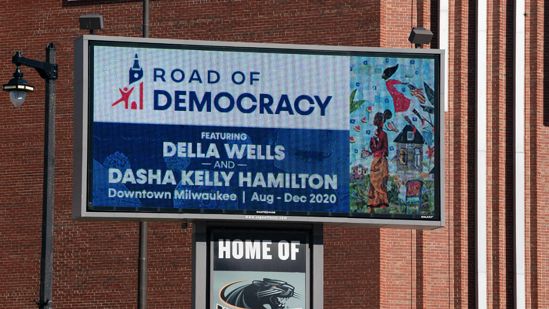 A sign advertises the convention at Wisconsin Center, home to the 2020 Democratic National Convention in Milwaukee. Credits: AFP Photo