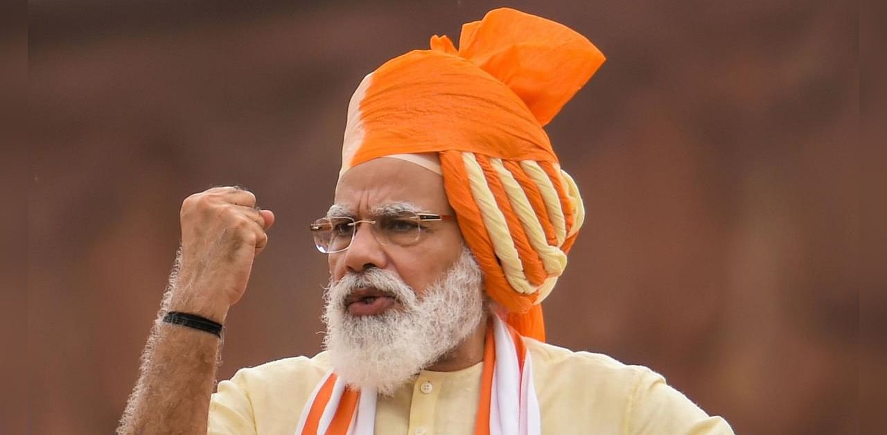 Prime Minister Narendra Modi addresses the nation during the 74th Independence Day celebrations, at Red Fort in New Delhi. Credits: PTI