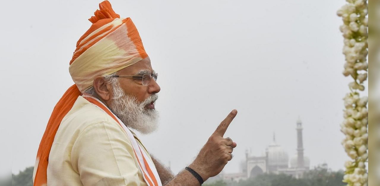 Prime Minister Modi at the Red Fort on the occasion of India's 74th Independence Day. Credits - PTI