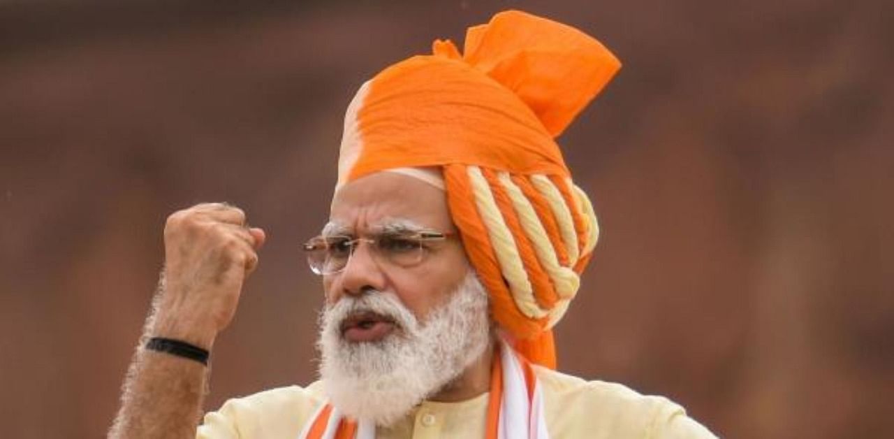 Prime Minister Narendra Modi arrives to take part in the 74th Independence Day celebrations, at Red Fort in New Delhi. Credit: PTI