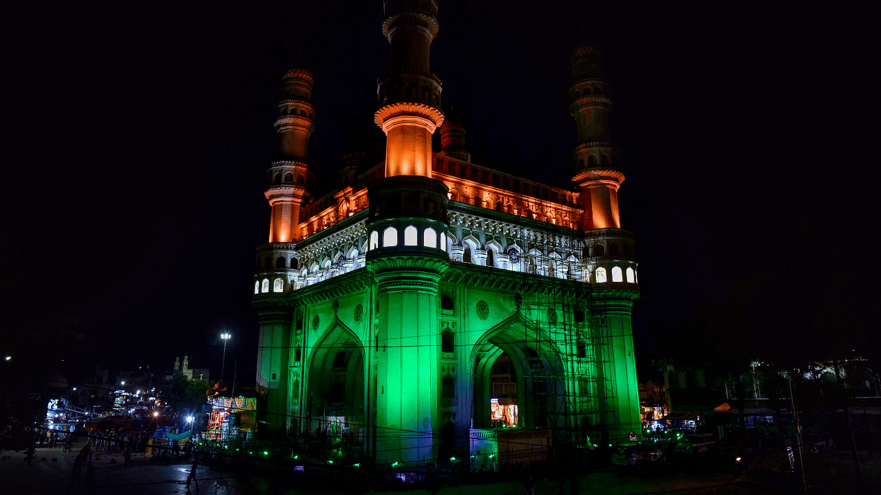 Historic Charminar illuminated on the eve of 74th Independence day celebrations. Credits: PTI Photo