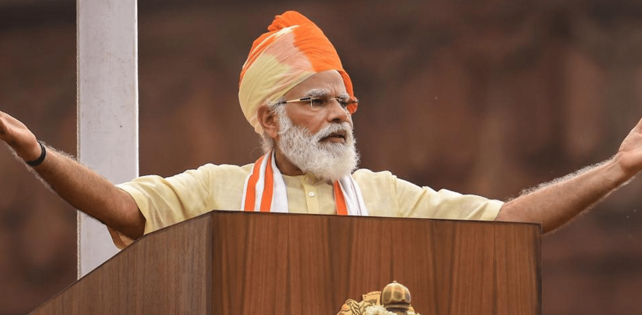 Prime Minister Narendra Modi addresses the nation during the 74th Independence Day celebrations, at Red Fort in New Delhi. Credit: PTI Photo