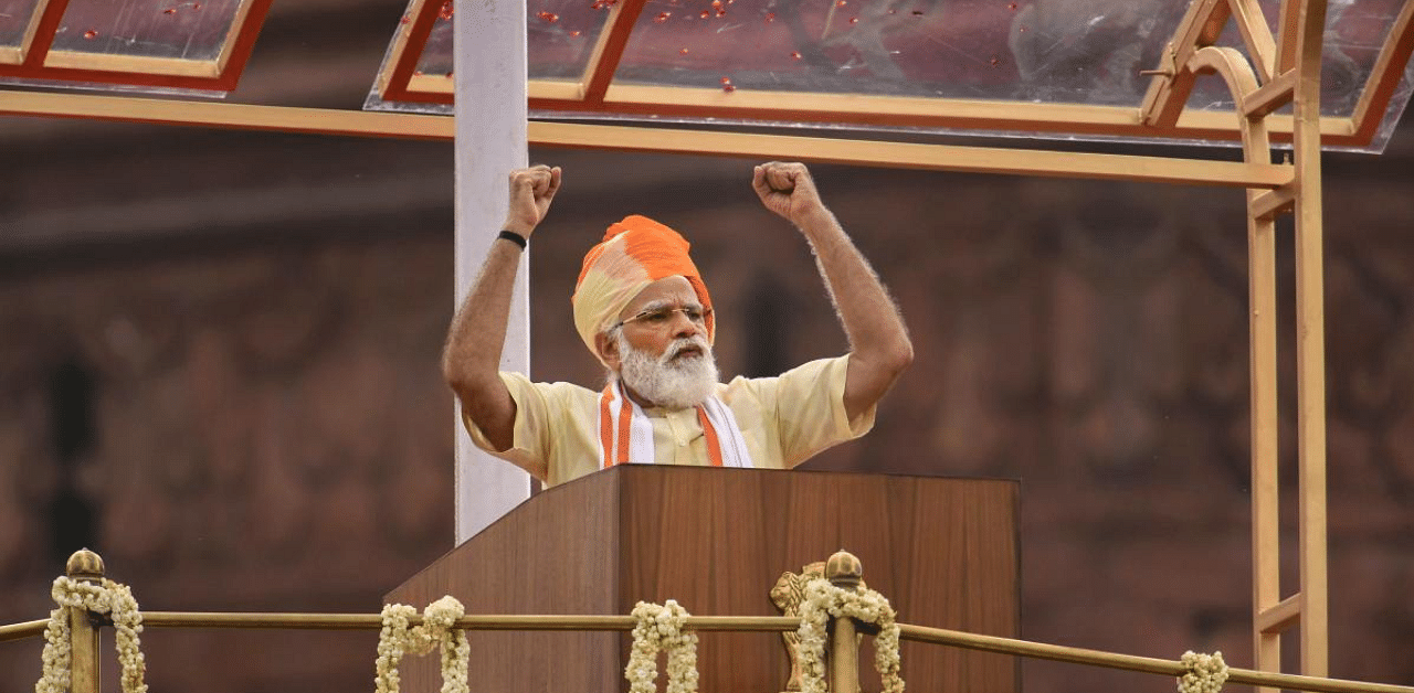 Addressing the nation from the ramparts of the Red Fort on the occasion of India's 74th Independence Day, PM Modi said in the midst of the Covid-19 pandemic, 130 crore Indians have pledged to build a 'Aatmanirbhar Bharat'. Credit: PTI Photo