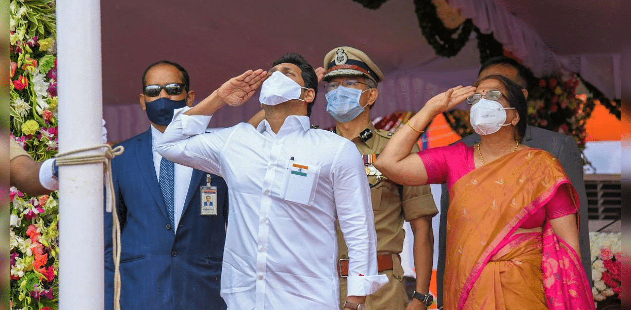 Andhra Pradesh Chief Minister YS Jagan Mohan Reddy salutes after hoisting the Tricolor during the 74th Independence Day celebrations, in Vijayawada. Credit: PTI Photo