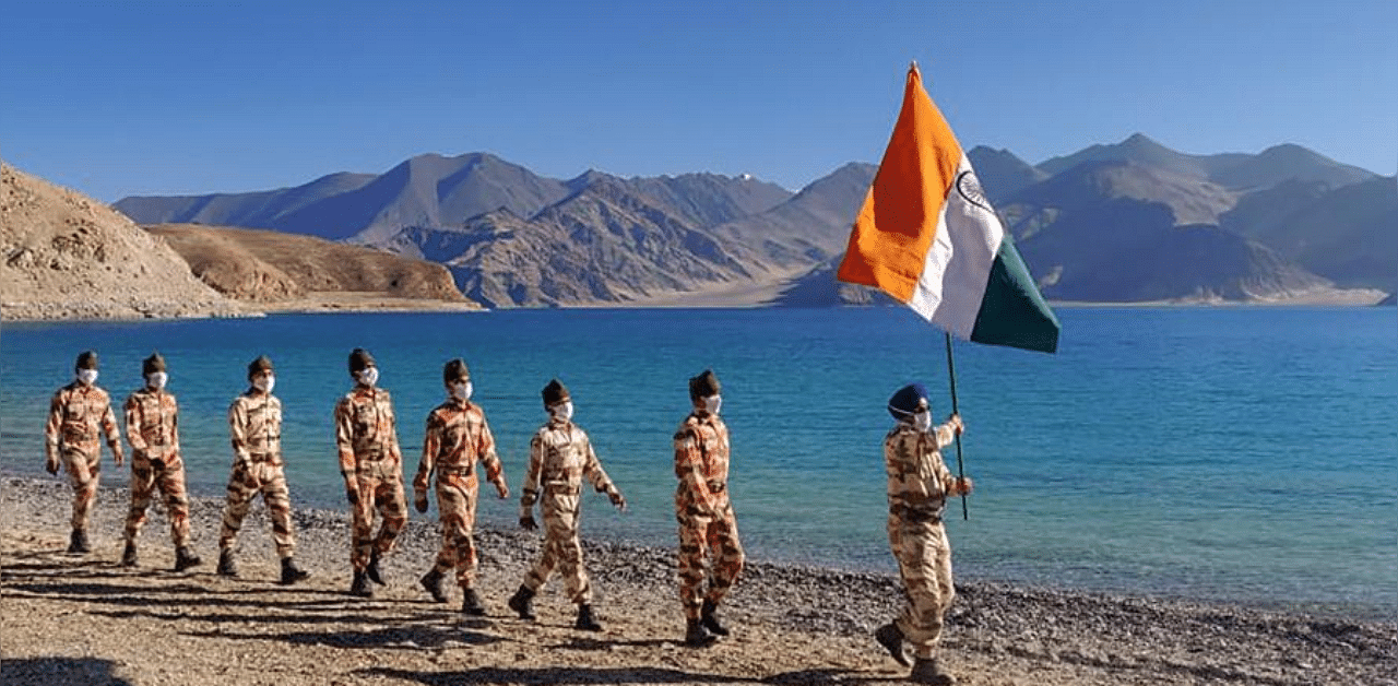  ITBP personnel celebrate the 74th Independence Day on the banks of Pangong Tso, in Ladakh. Credit: PTI