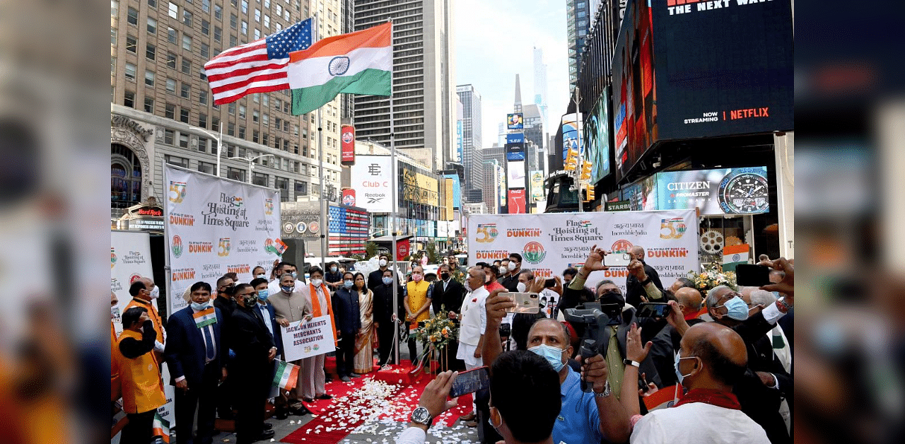  The national flag of India is hoisted at Times Square to mark Indian Independence Day. Credit: Credit: AFP