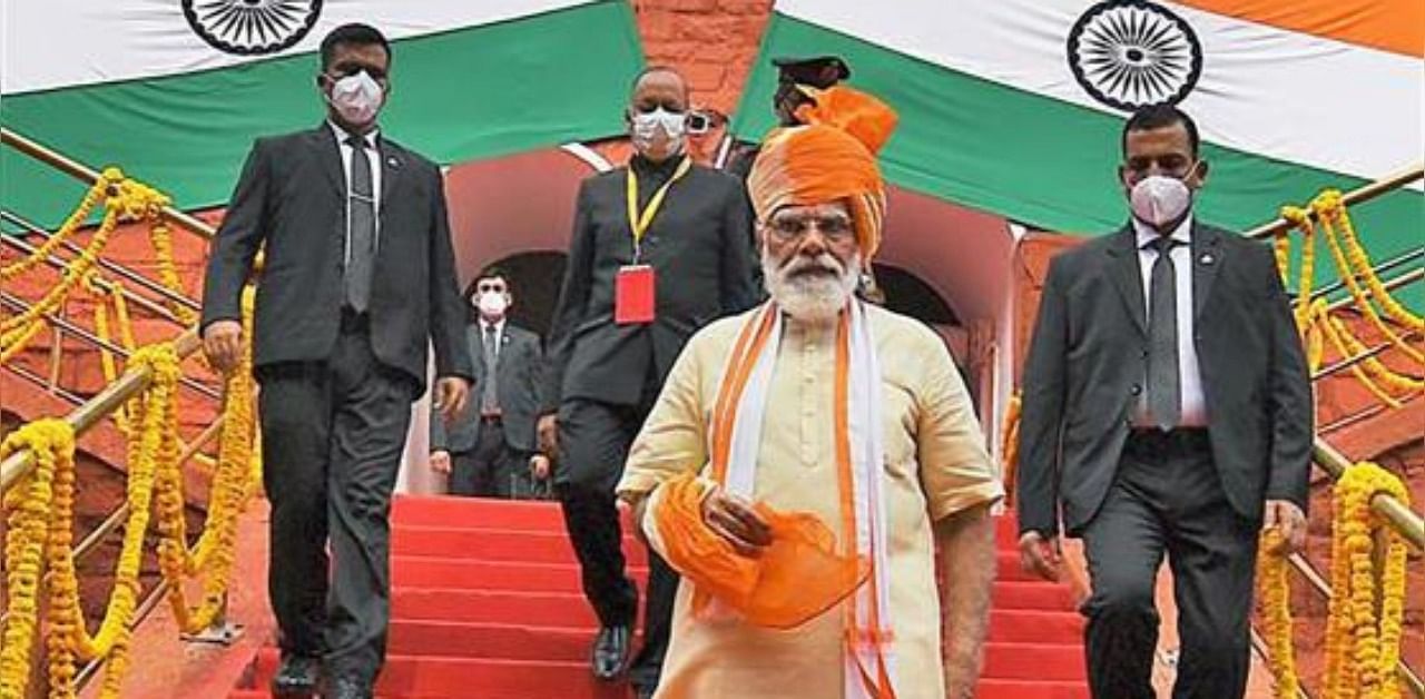 Prime Minister Narendra Modi after addressing the nation on the occasion of 74th Independence Day from the ramparts of Red Fort, in New Delhi. Credit: PTI Photo