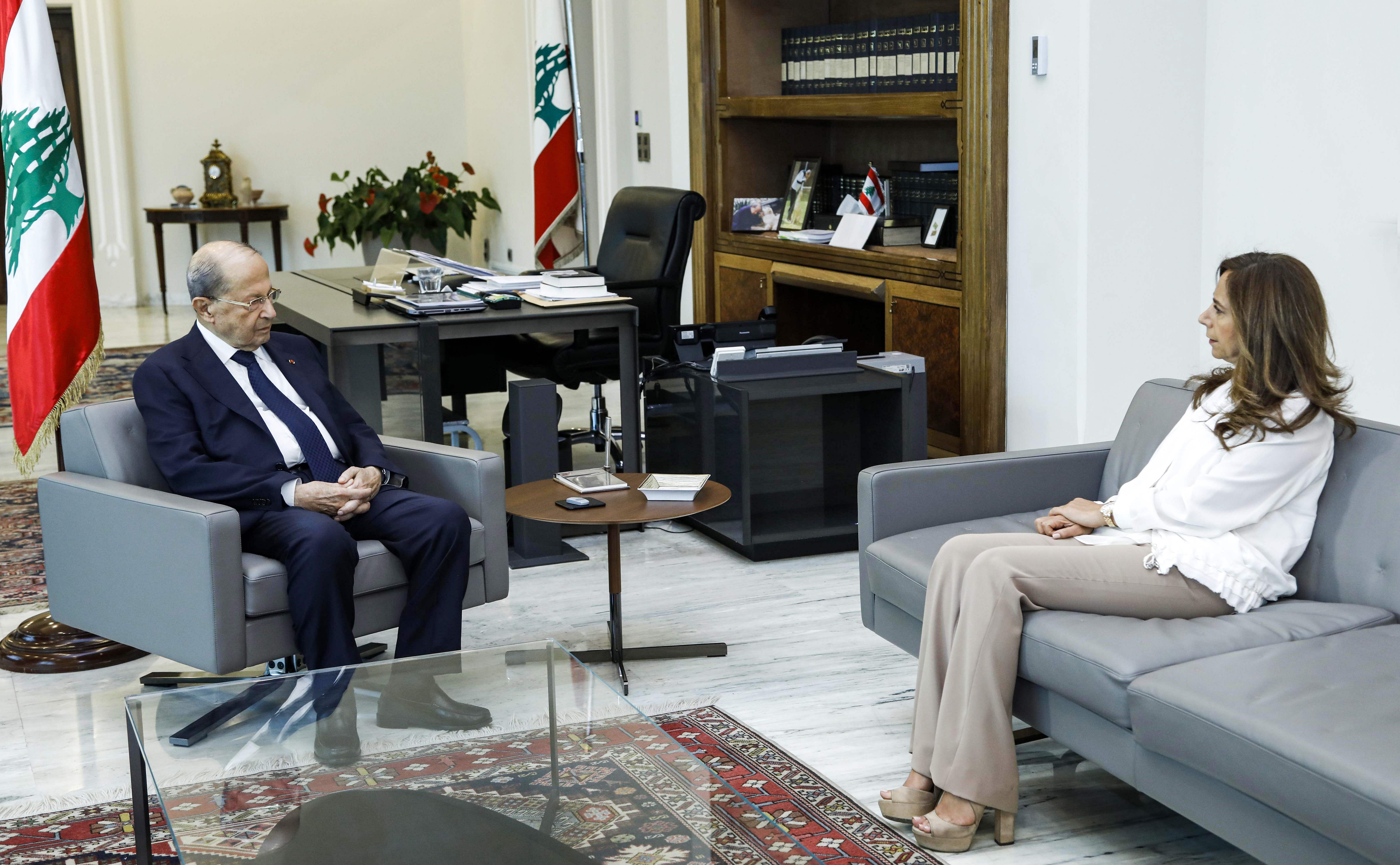 Lebanese president Michel Aoun meeting with defence minister Zeina Akar at the presidential palace in Baabda, east of Beirut. Credit: AFP Photo