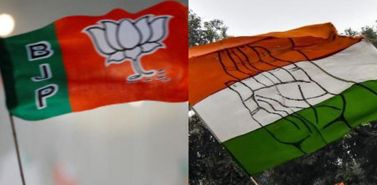 A combination photo of BJP and Congress Flags. Credit: Reuters and PTI Photo