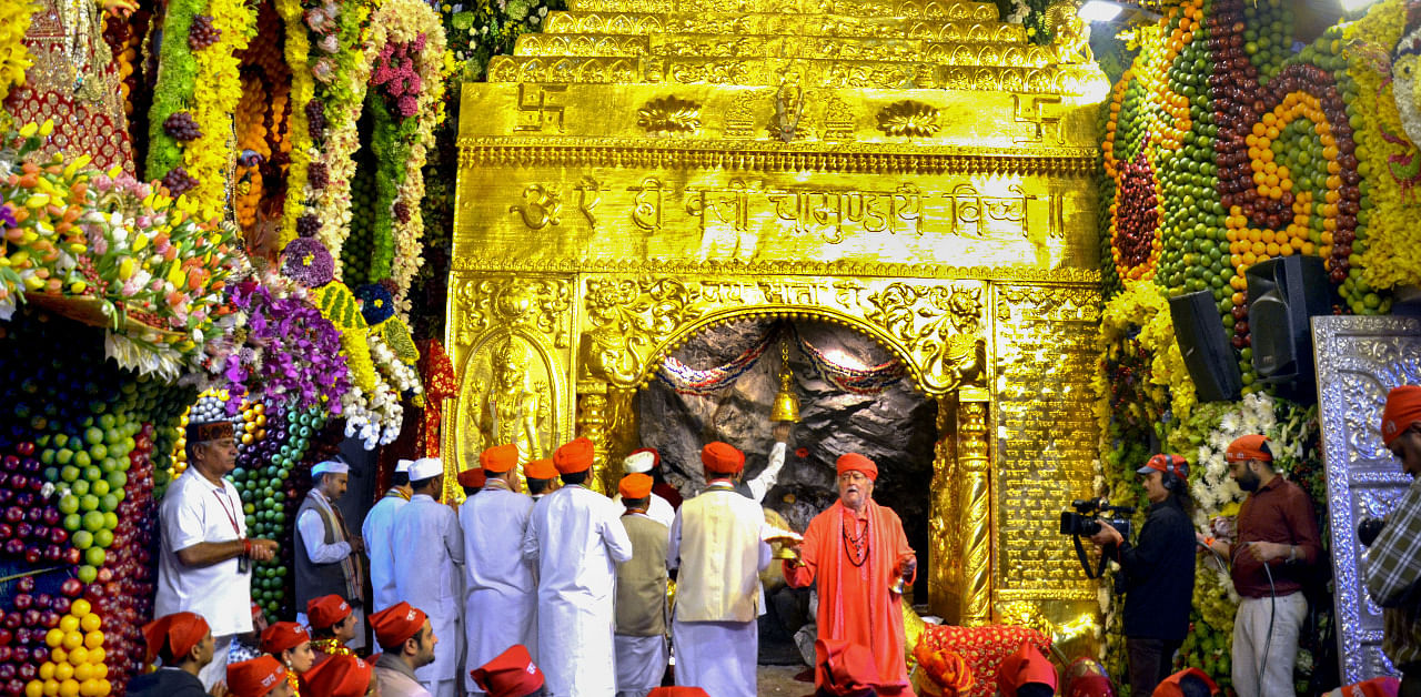 Devotees offer prayers at the holy cave shrine of Shri Mata Vaishno Devi. Credit: PTI file photo