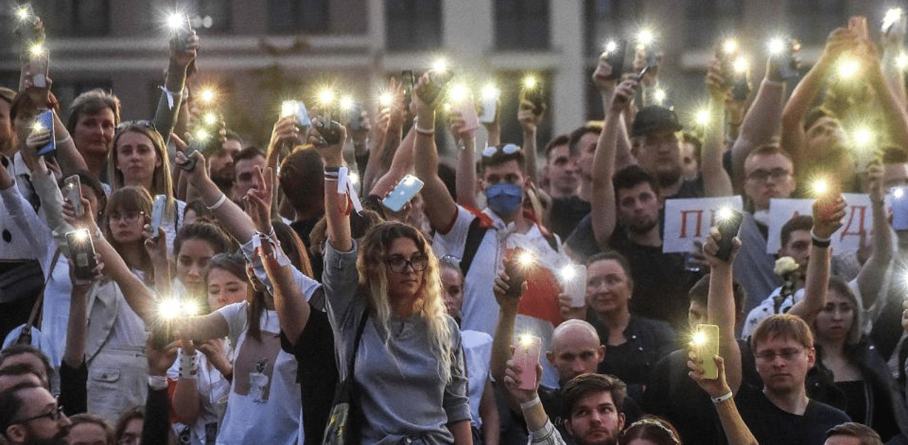 Belarus opposition supporters during a protest rally against police violence in recent rallies of opposition supporters, who accuse strongman Alexander Lukashenko of falsifying the polls in the presidential election. Credit: AFP Photo