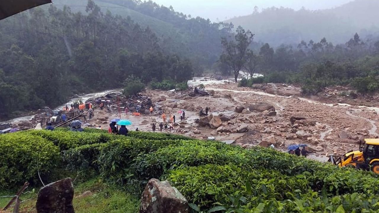 Debris lie on the ground after a landslide due to heavy rainfall in the area, in Idukki district. Credit: PTI