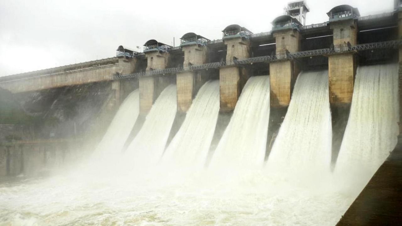 Water released from the crest gates of Hemavathi dam in Gorur, Hassan district.