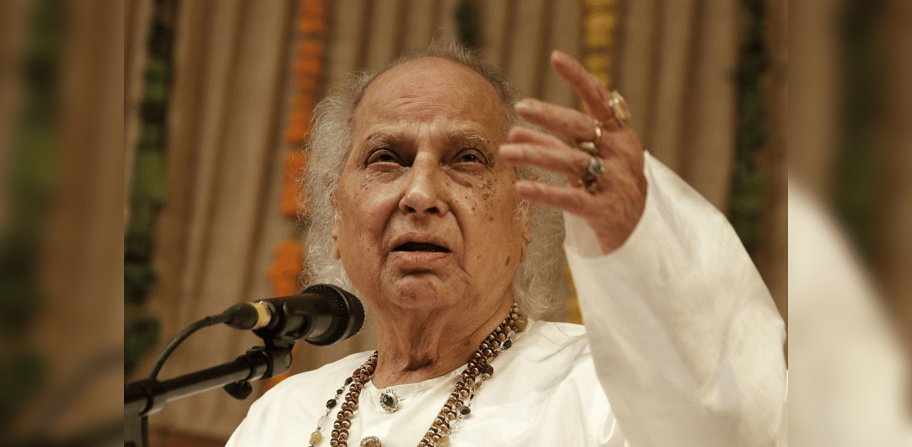 Classical vocalist Pandit Jasraj performs on the second day of Saptak classical music festival in Ahmedabad, Friday, Jan. 3, 2020. Credit: PTI Photo