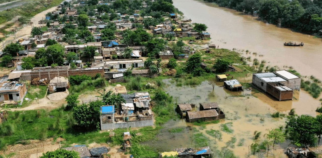 Patna: An aerial view of the flood-hit Bind Toli along the banks of Ganga River in Patna, Monday, Aug. 17, 2020. Credit: PTI Photo