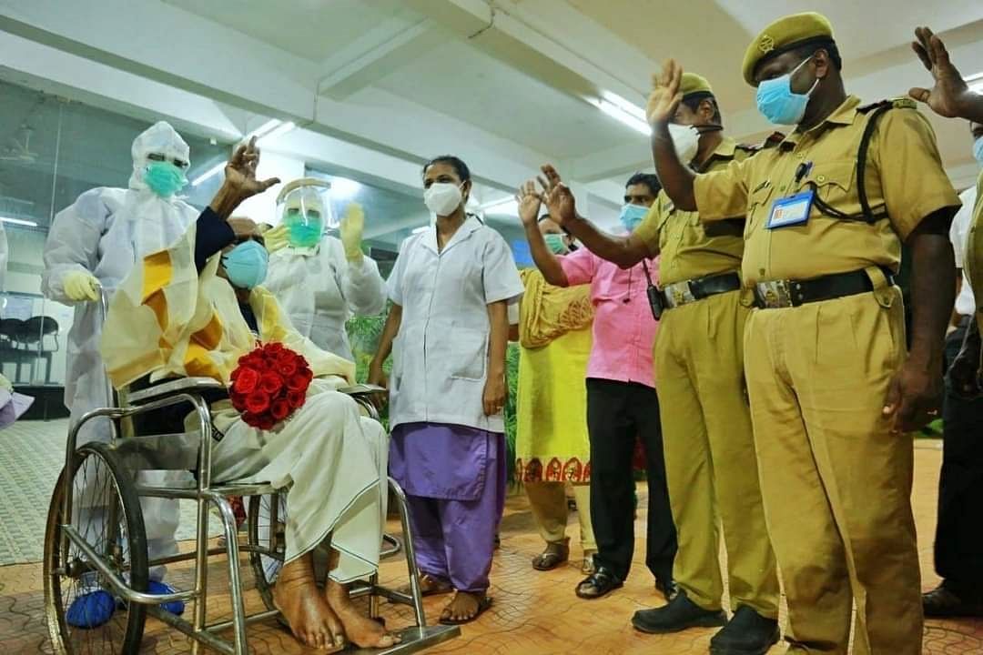 103 year old Pareed, who recovered from COVID, being honoured by staff at Kalamassery government medical college hospital at Ernakulam in Kerala as he was discharged on Tuesday. Credit: DH