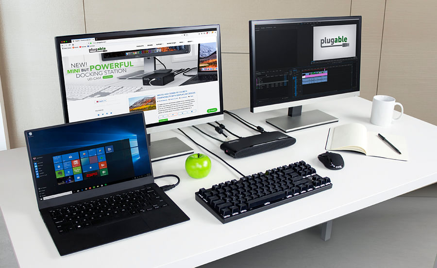 External monitors connected to a laptop via a dock. Picture credit: Plugable
