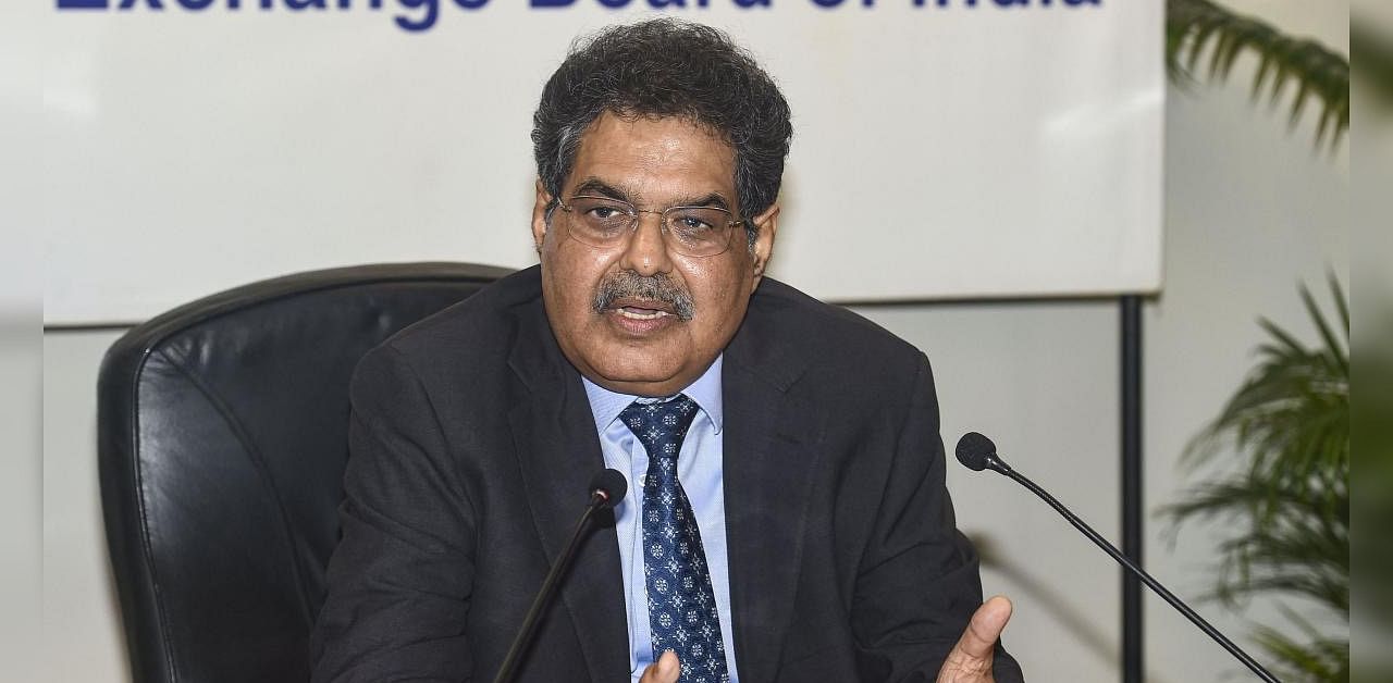 SEBI Chairman Ajay Tyagi addresses a press conference. Credits: PTI